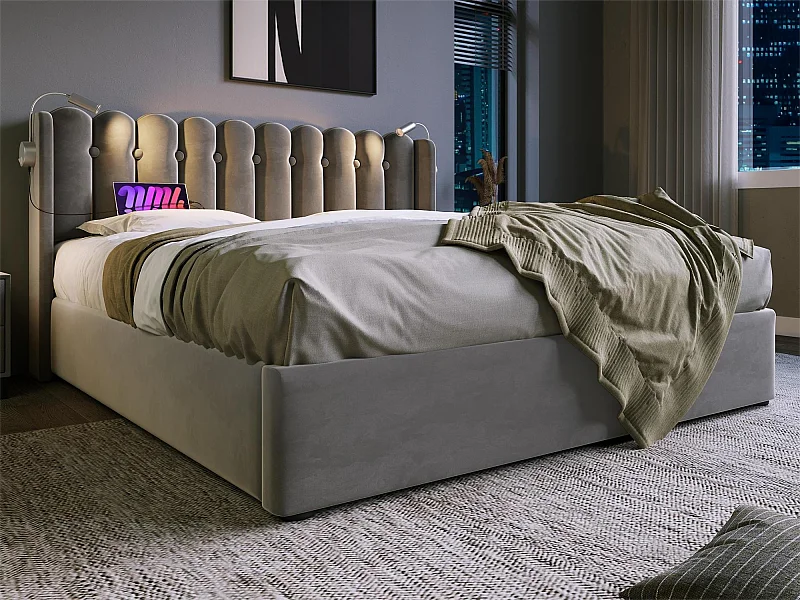 Lit coffre avec tête de lit- 140 x 200 cm - lampe de lecture et prise USB - tissu en lin - coloris gris