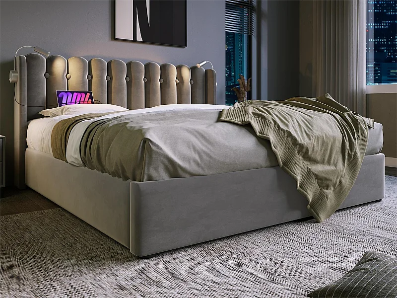 Lit coffre avec tête de lit- 140 x 200 cm - lampe de lecture et prise USB - tissu en lin - coloris gris