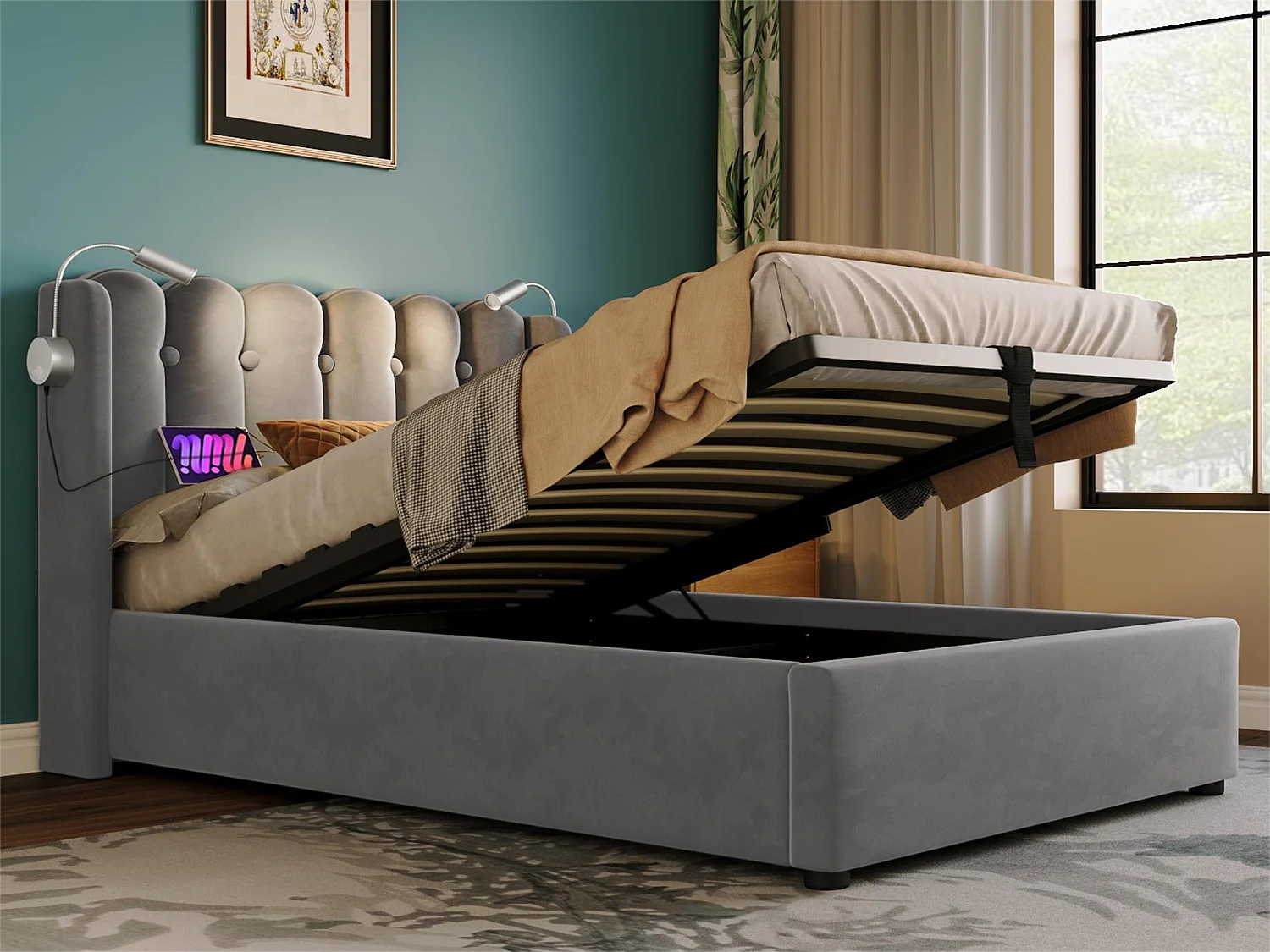 Bett mit Stauraum und Kopfteil – 90 x 200 cm – Leselampe und USB-Anschluss – Leinenstoff – graue Farbe