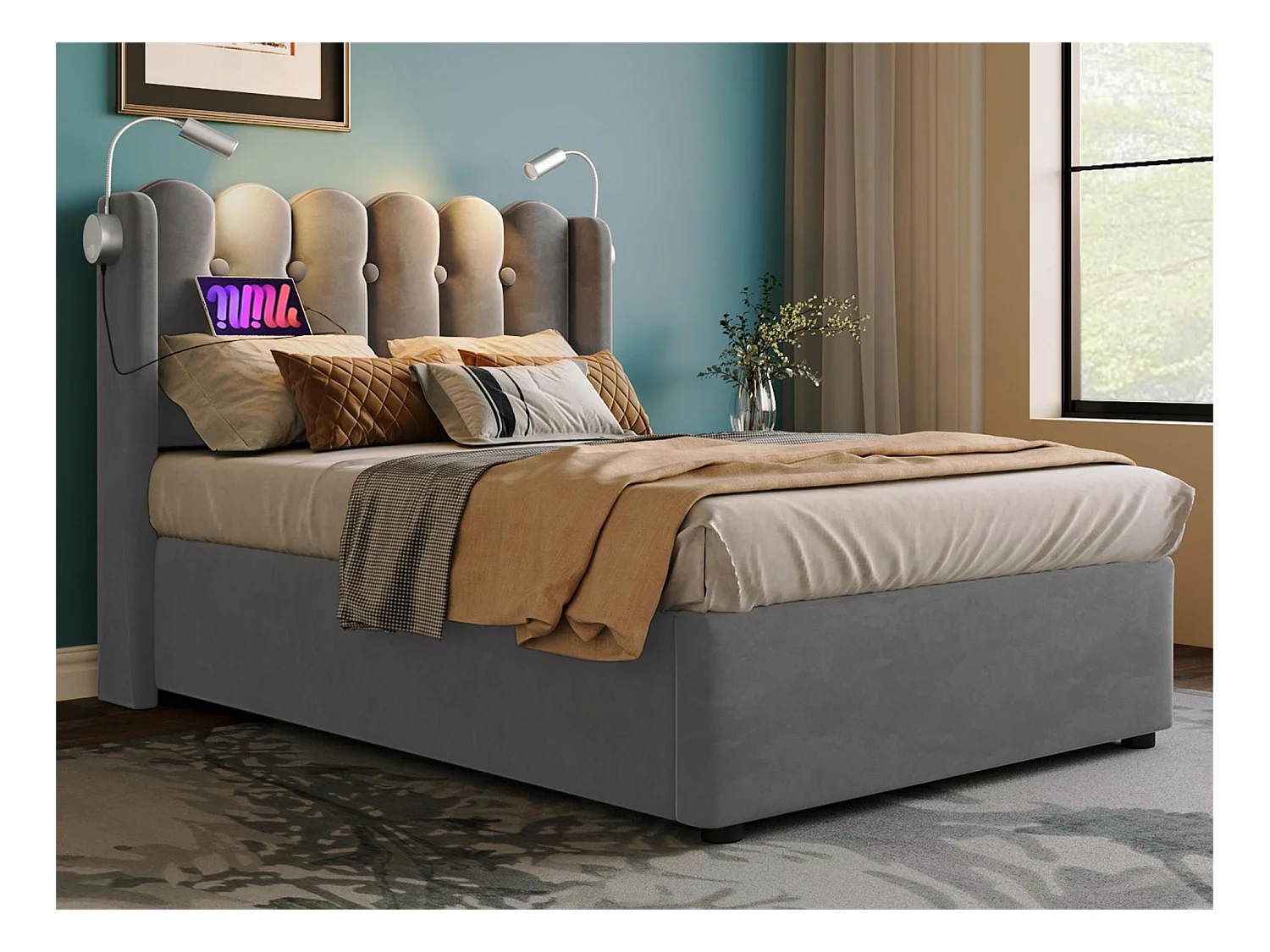 Lit coffre avec tête de lit - 90 x 200 cm - lampe de lecture et prise USB - tissu en lin - coloris gris