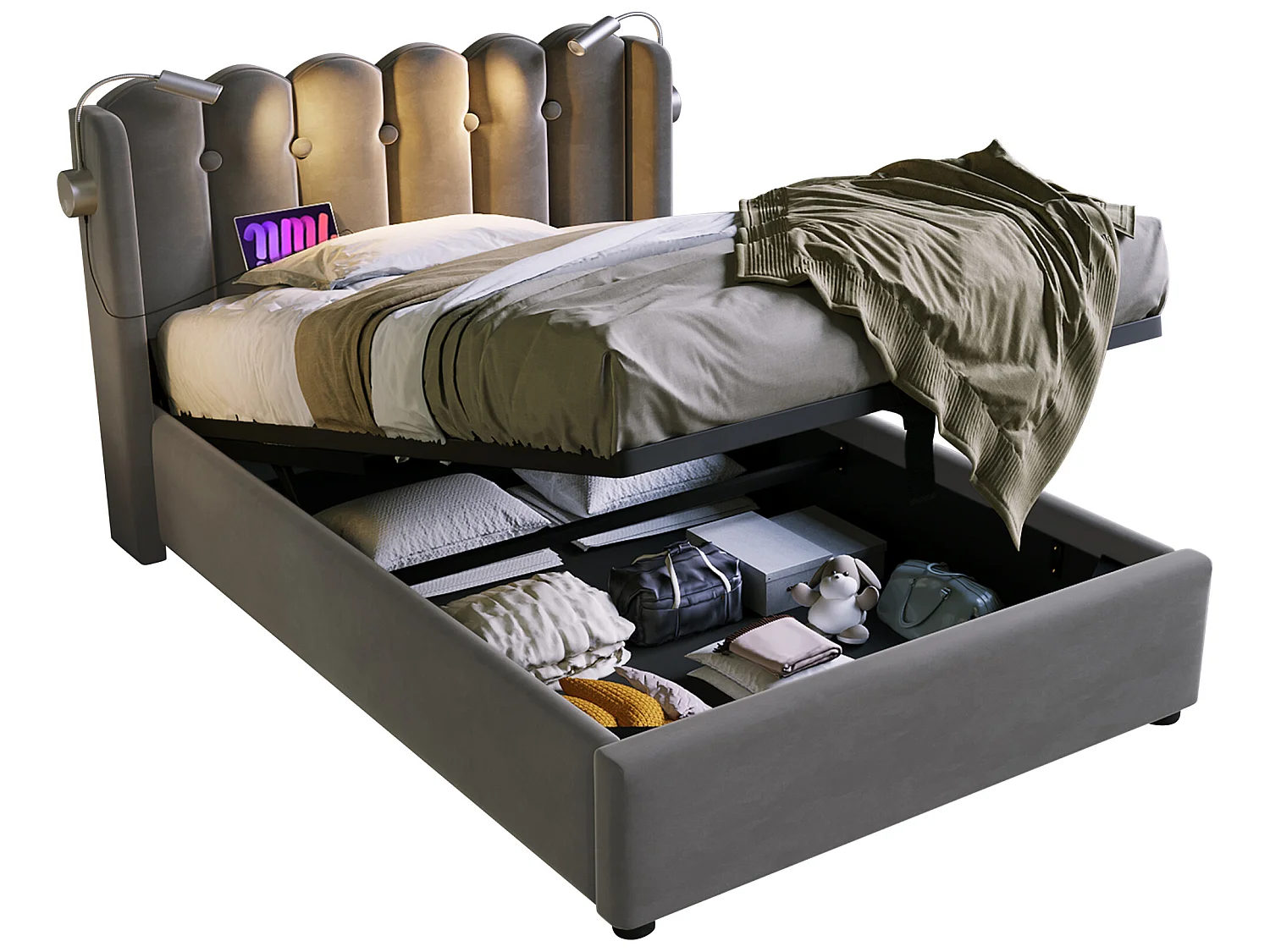 Opbergbed met hoofdeinde - 90 x 200 cm - leeslamp en USB-aansluiting - linnen stof - grijze kleur