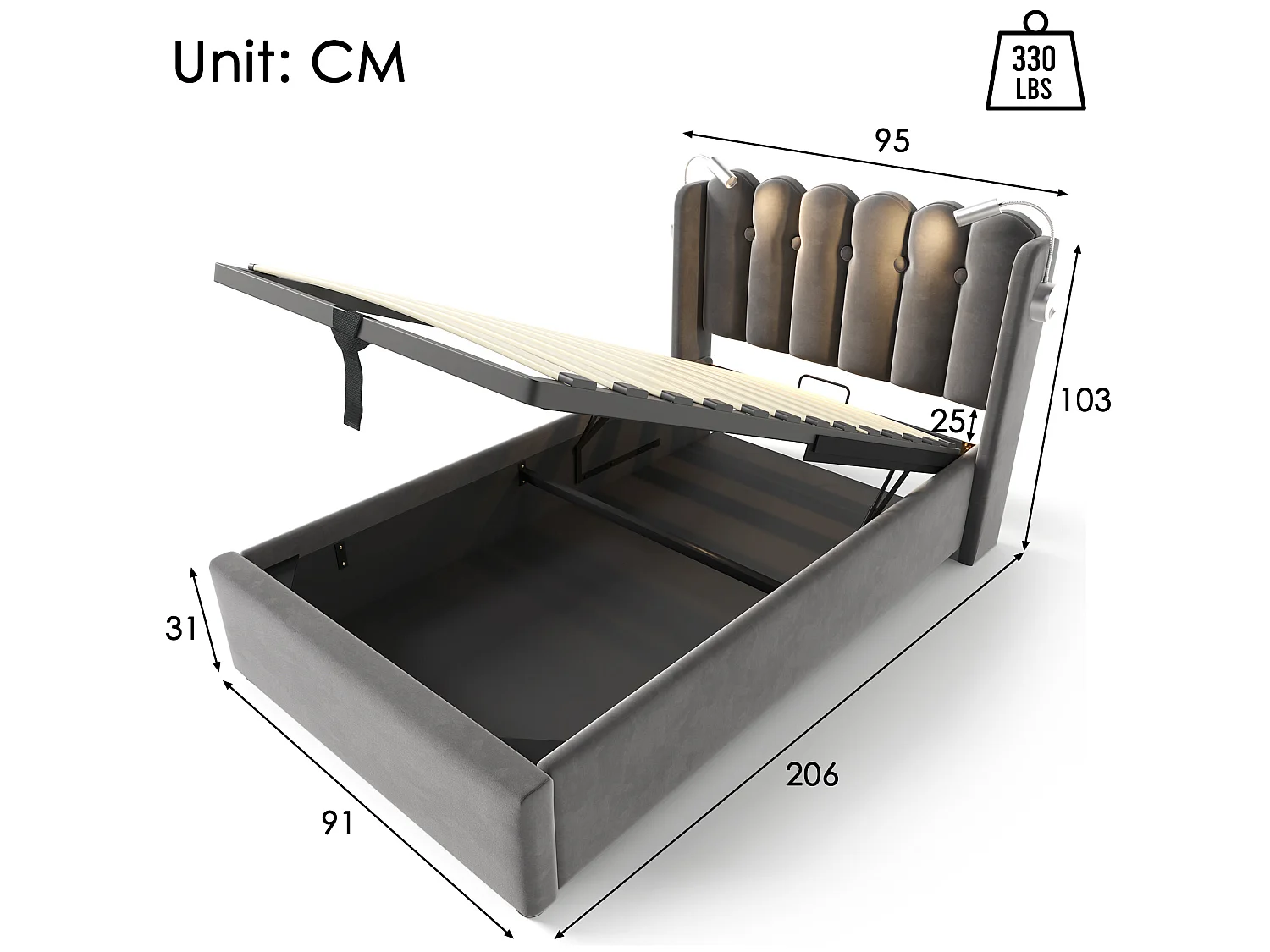 Opbergbed met hoofdeinde - 90 x 200 cm - leeslamp en USB-aansluiting - linnen stof - grijze kleur