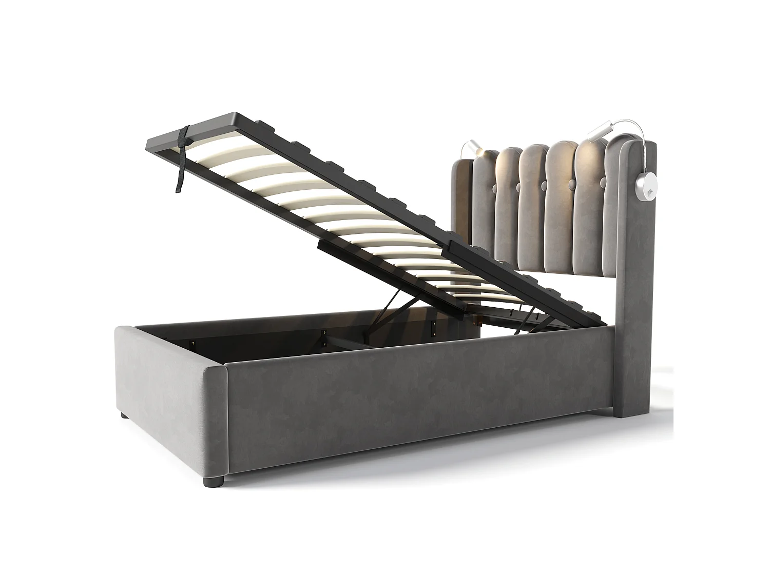 Opbergbed met hoofdeinde - 90 x 200 cm - leeslamp en USB-aansluiting - linnen stof - grijze kleur