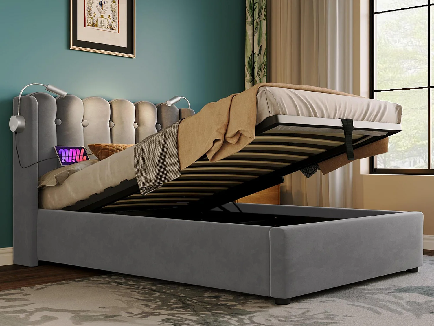 Letto contenitore con testiera - 90 x 200 cm - lampada da lettura e presa USB - tessuto lino - colore grigio