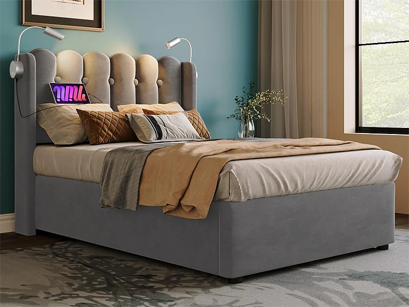 Letto contenitore con testiera - 90 x 200 cm - lampada da lettura e presa USB - tessuto lino - colore grigio