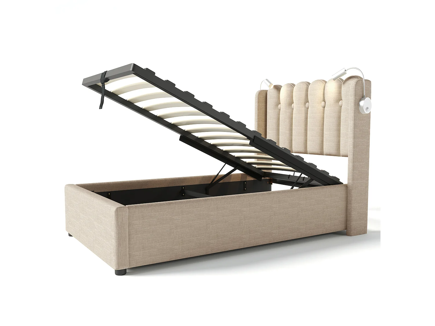 Lit coffre avec tête de lit - 90 x 200 cm - lampe de lecture et prise USB - tissu en lin - coloris naturel