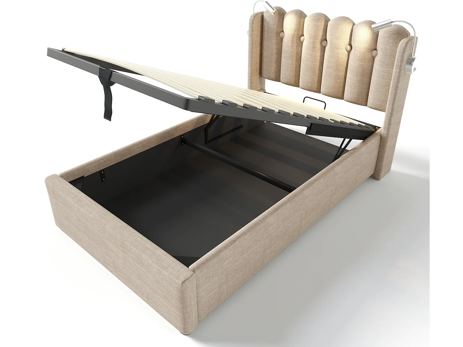 Lit coffre avec tête de lit - 90 x 200 cm - lampe de lecture et prise USB - tissu en lin - coloris naturel