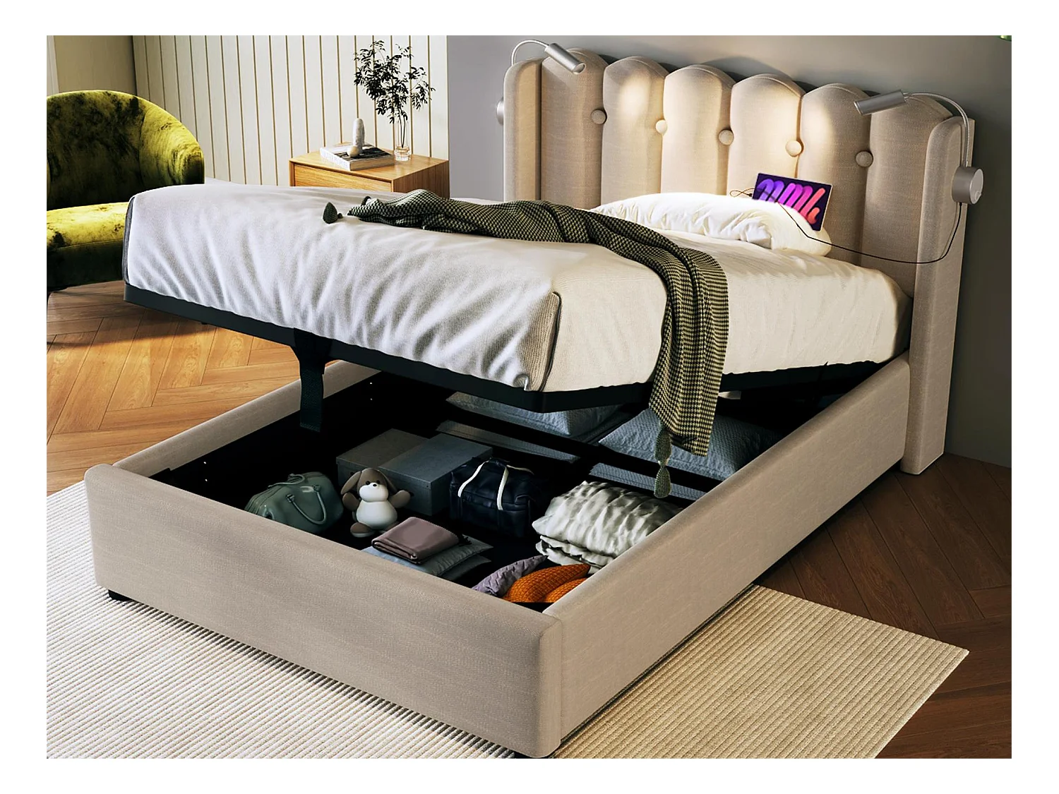 Lit coffre avec tête de lit - 90 x 200 cm - lampe de lecture et prise USB - tissu en lin - coloris naturel