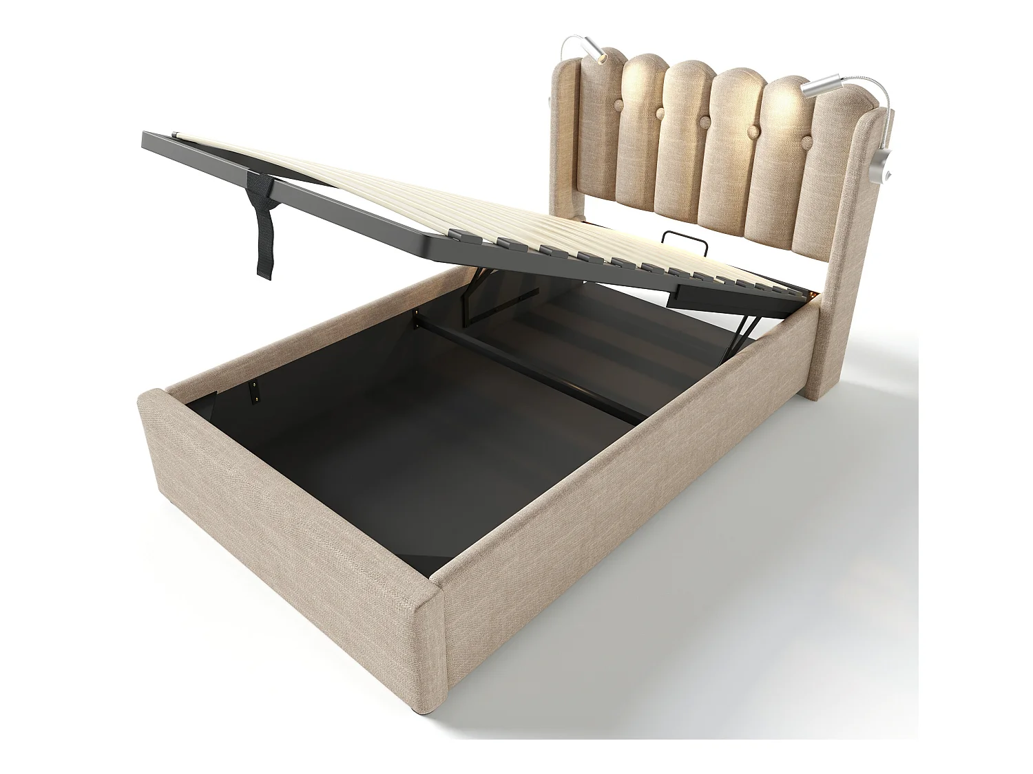 Letto contenitore con testiera - 90 x 200 cm - lampada da lettura e presa USB - tessuto in lino - colore naturale