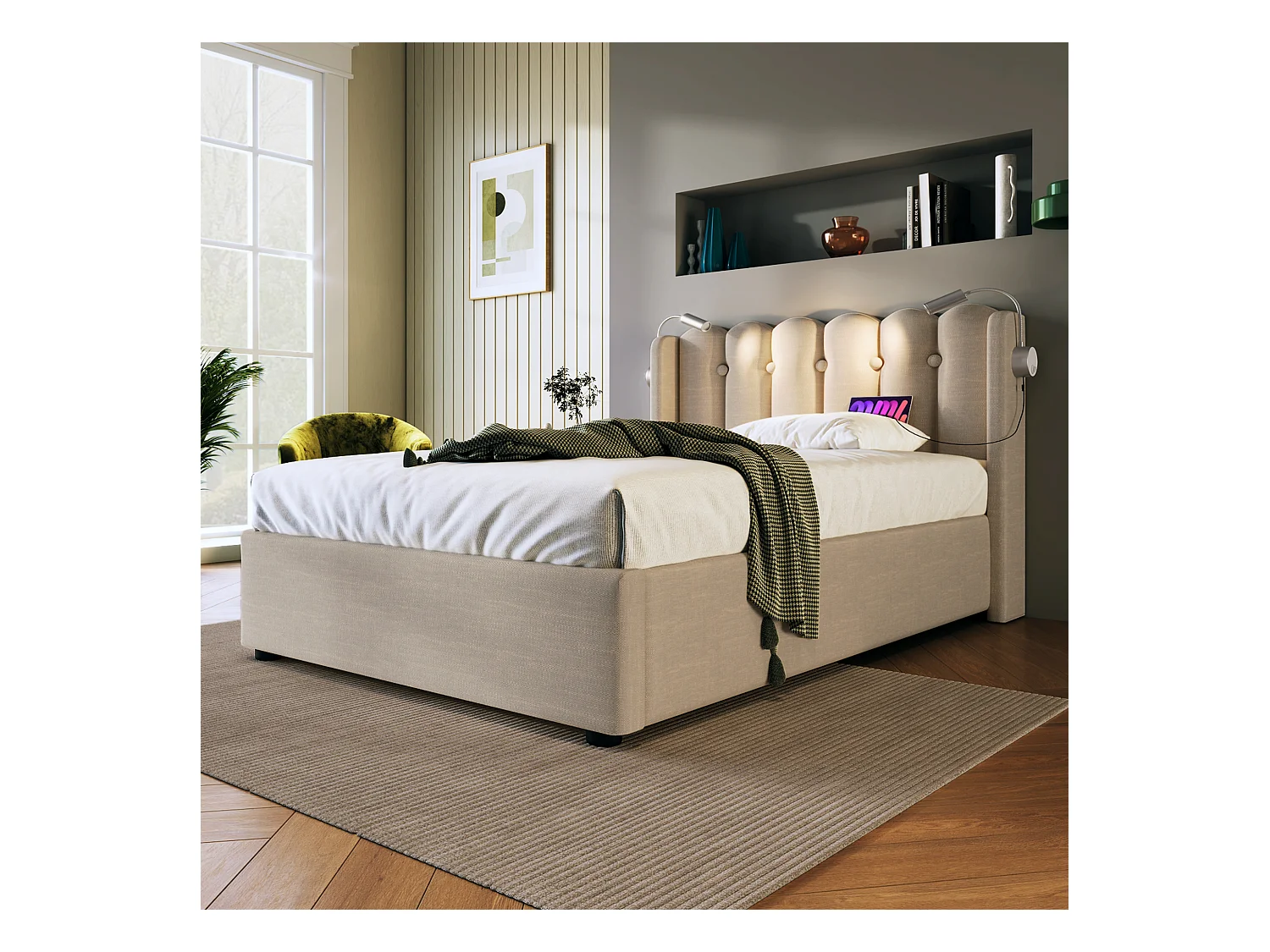 Letto contenitore con testiera - 90 x 200 cm - lampada da lettura e presa USB - tessuto in lino - colore naturale