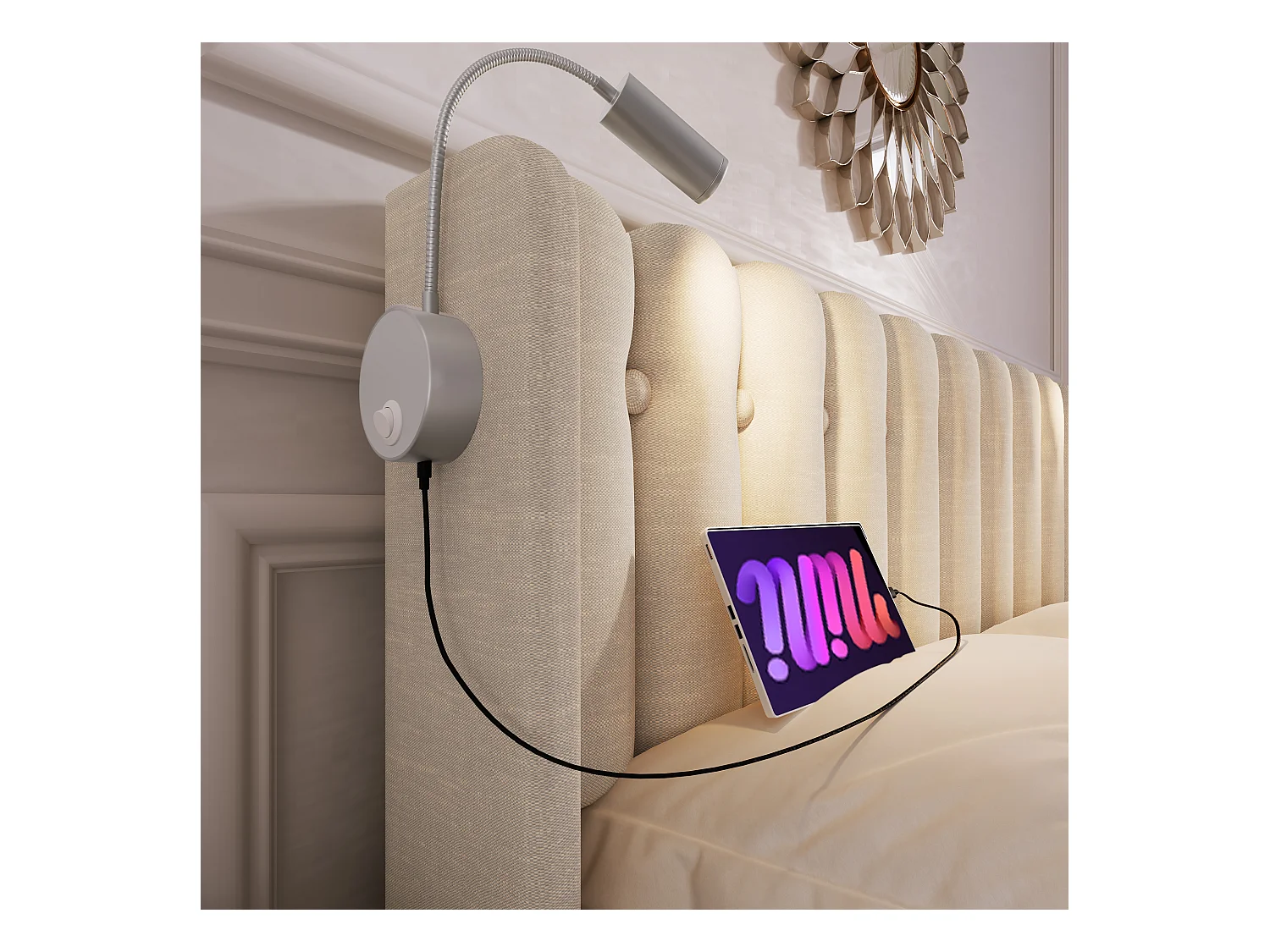 Letto contenitore con testiera - 90 x 200 cm - lampada da lettura e presa USB - tessuto in lino - colore naturale