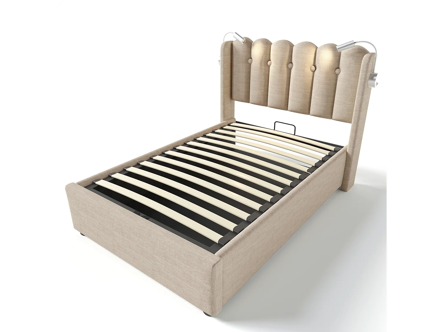 Letto contenitore con testiera - 90 x 200 cm - lampada da lettura e presa USB - tessuto in lino - colore naturale