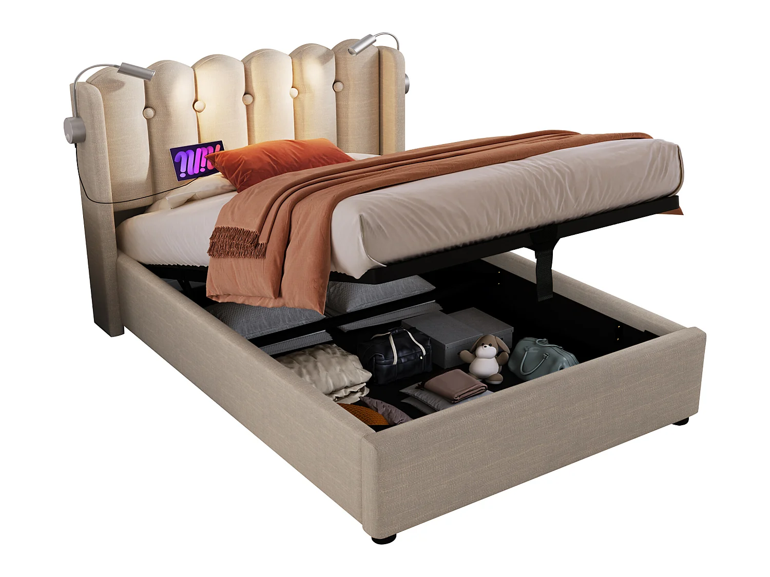 Letto contenitore con testiera - 90 x 200 cm - lampada da lettura e presa USB - tessuto in lino - colore naturale