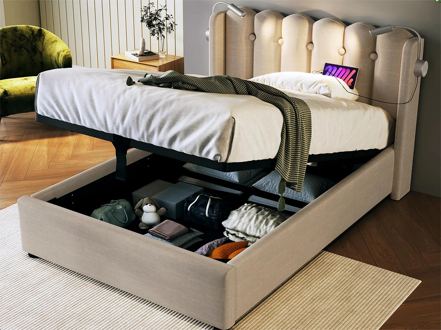 Opbergbed met hoofdeinde - 90 x 200 cm - leeslamp en USB-aansluiting - linnen stof - natuurlijke kleur