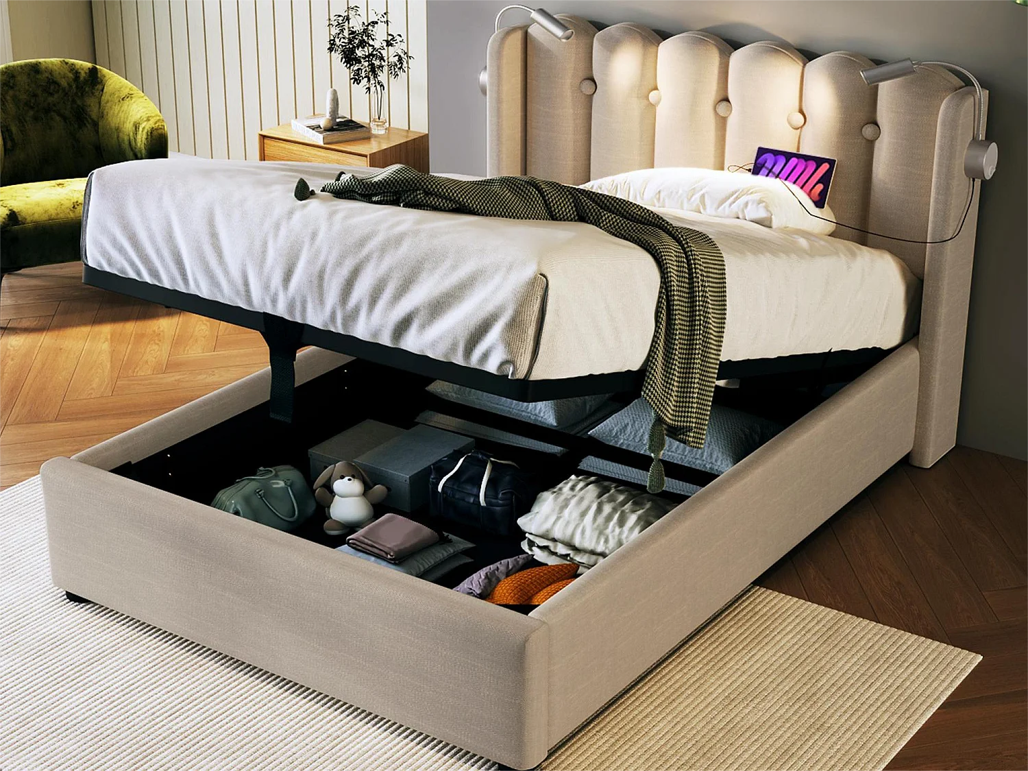 Opbergbed met hoofdeinde - 90 x 200 cm - leeslamp en USB-aansluiting - linnen stof - natuurlijke kleur