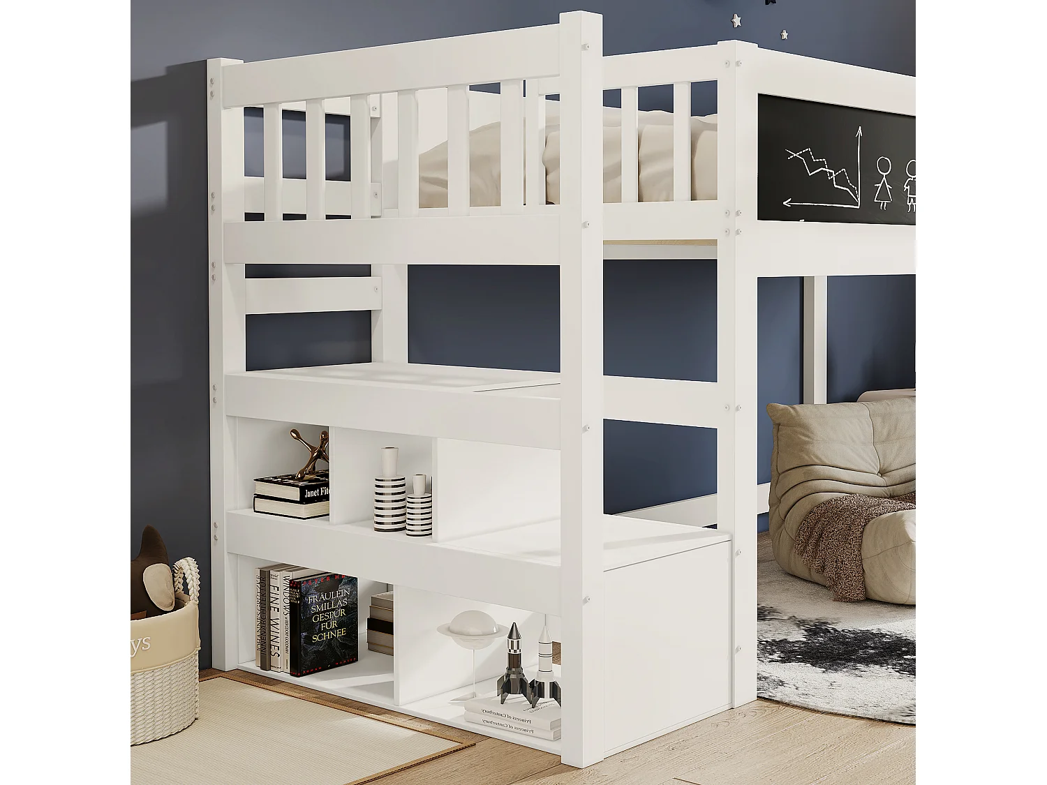 Hochbett für Kinder 90 x 200 cm mit Ablagen – Lattenrost – Farbe Weiß