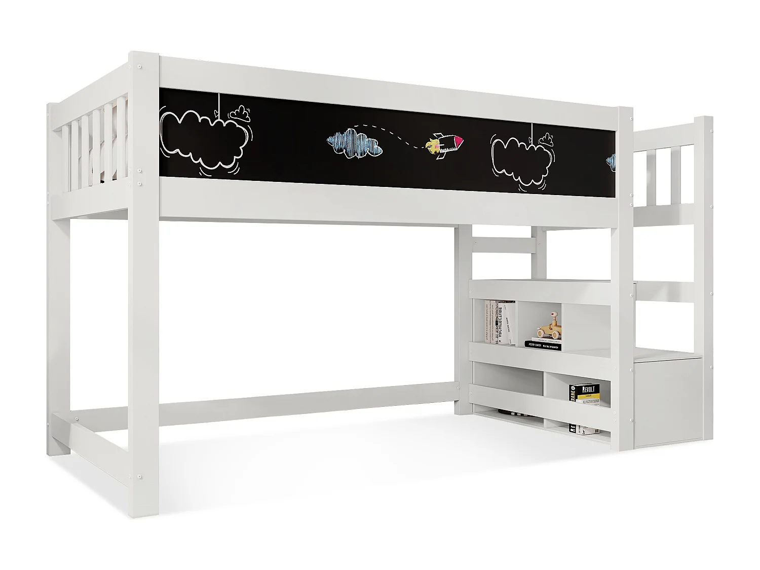 Hochbett für Kinder 90 x 200 cm mit Ablagen – Lattenrost – Farbe Weiß