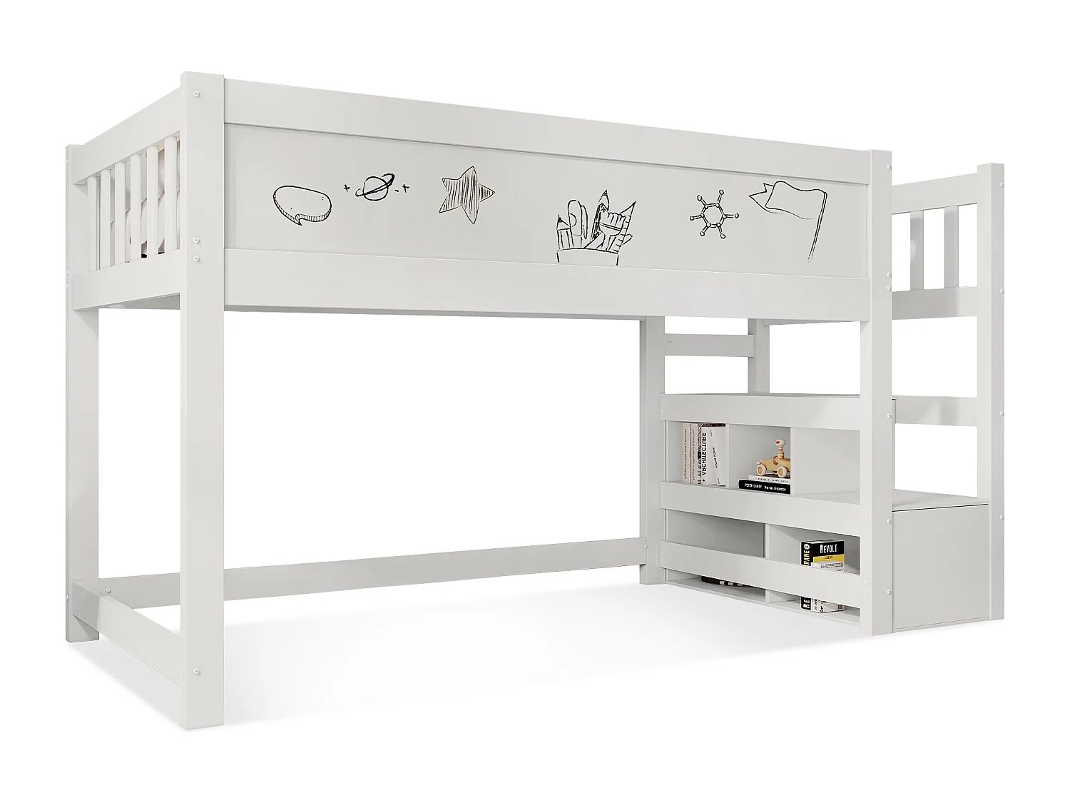 Hochbett für Kinder 90 x 200 cm mit Ablagen – Lattenrost – Farbe Weiß