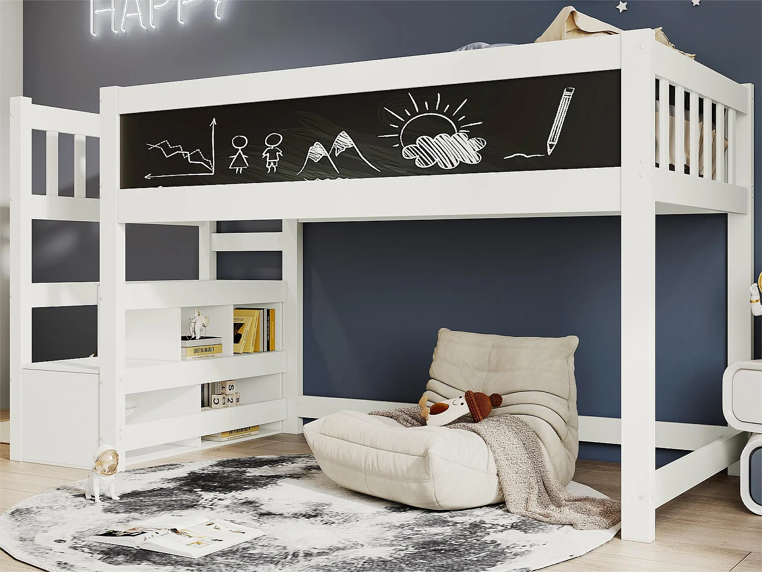 Hochbett für Kinder 90 x 200 cm mit Ablagen – Lattenrost – Farbe Weiß