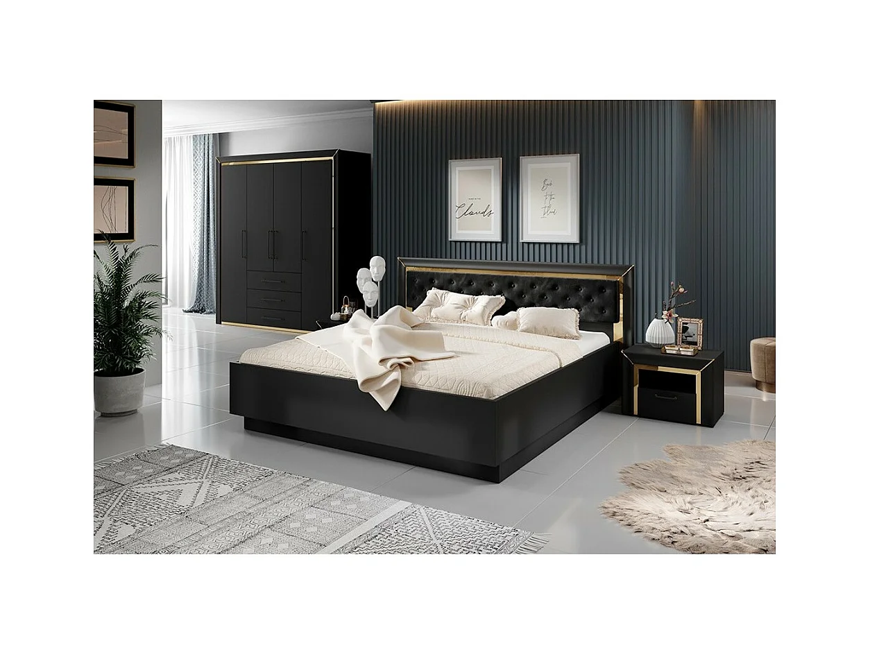 Lit adulte 180x200 collection DOHA. Coloris noir mat et doré