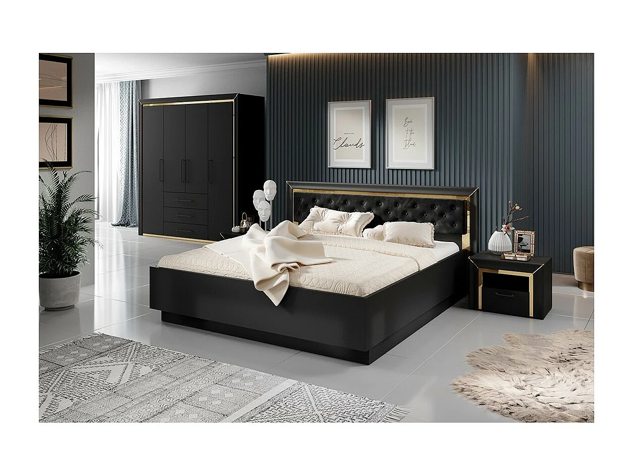 Lit adulte 180x200 collection DOHA. Coloris noir mat et doré