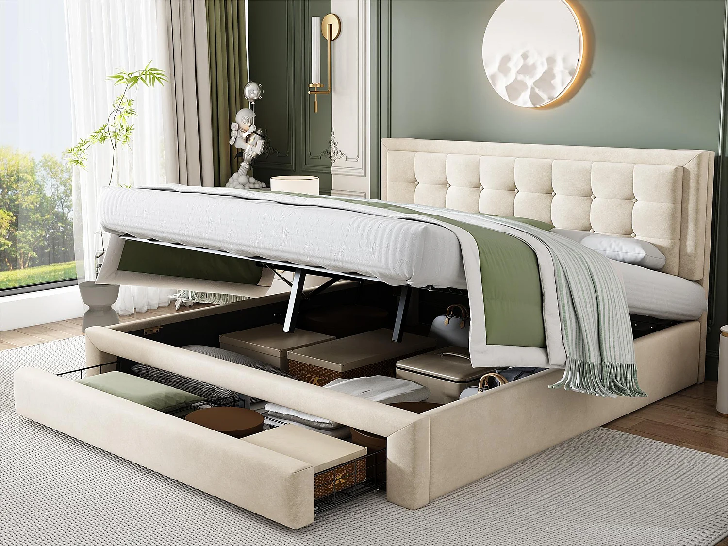 Gepolstertes Stauraumbett 160x200cm aus Samt – mit Schublade und Lattenrost – Beige (ohne Matratze)