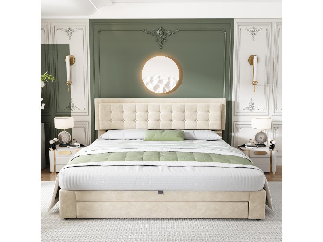 Gewatteerd opbergbed 160x200cm in fluweel - met lade en lattenbodem - Beige (zonder matras)