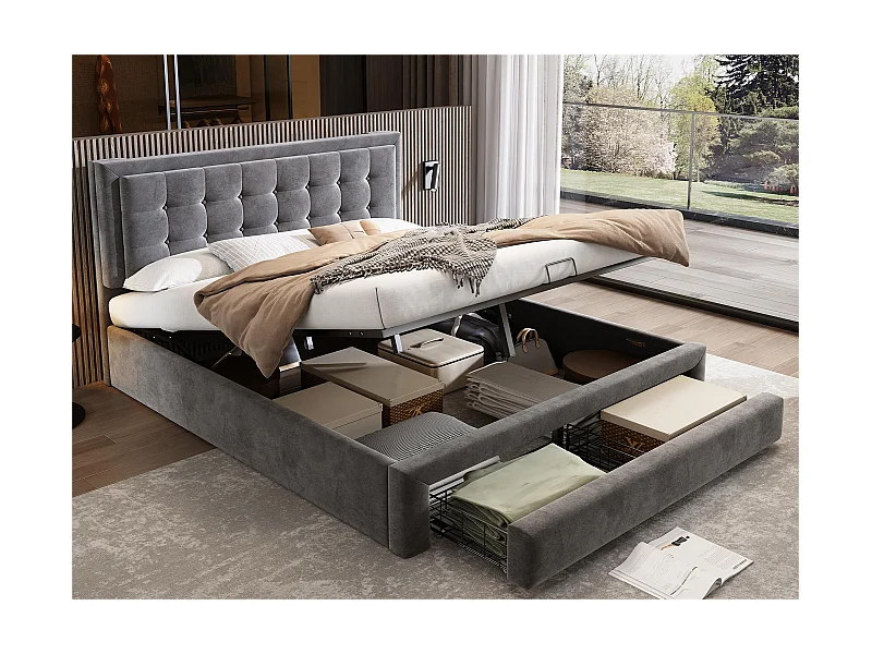 Gepolstertes Stauraumbett 160x200cm aus Samt – mit Schublade und Lattenrost – Grau (ohne Matratze)