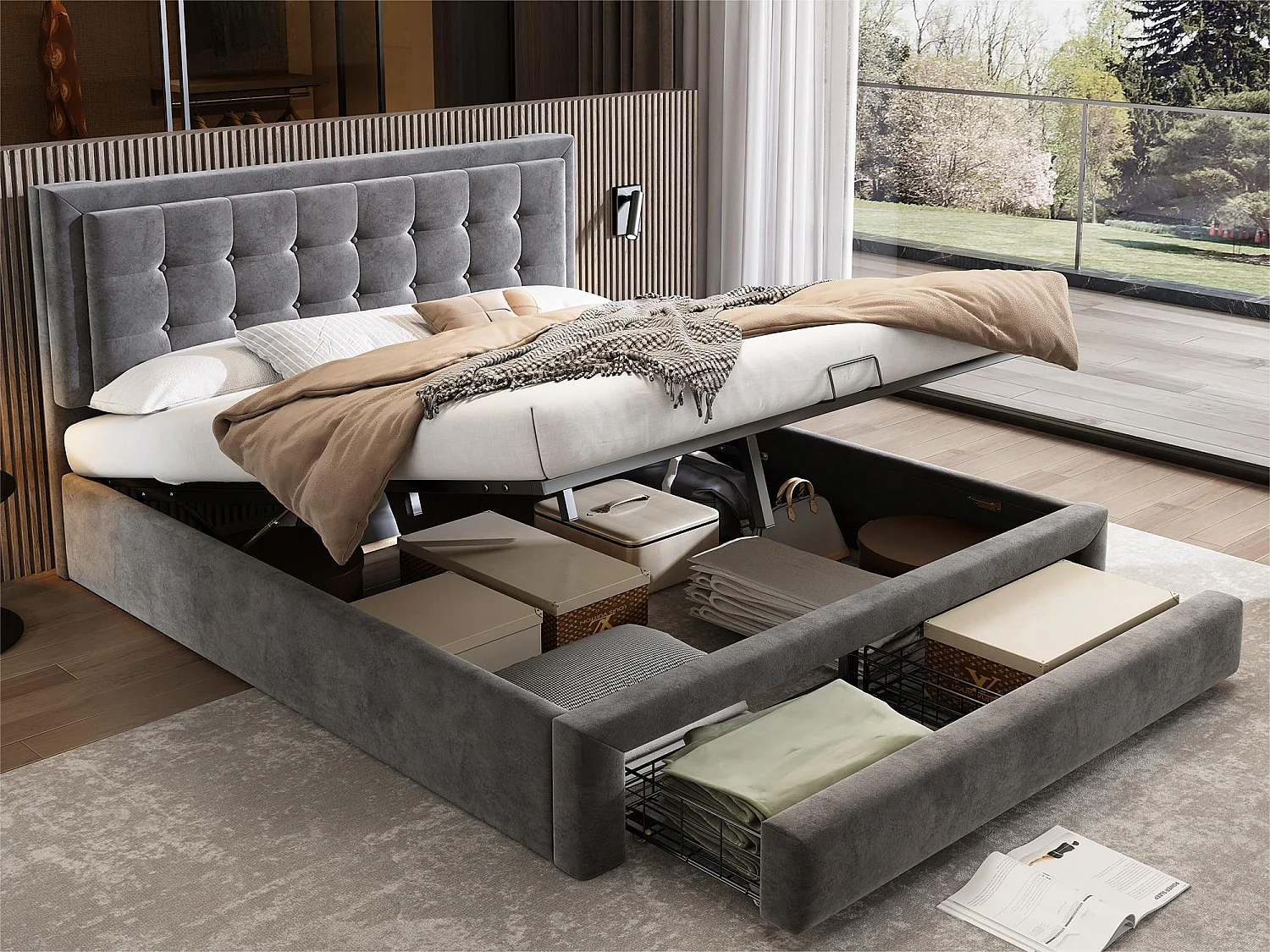 Letto contenitore imbottito 160x200 cm in velluto - con cassetto e rete a doghe - Grigio (senza materasso)