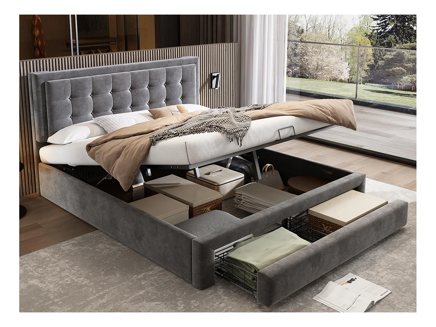 Gewatteerd opbergbed 160x200cm in fluweel - met lade en lattenbodem - Grijs (zonder matras)