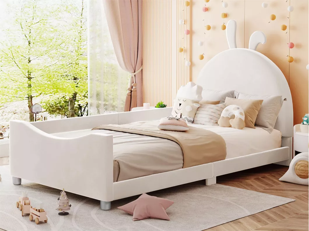 Kauf Unique Kinderbett 90x200cm aus Samt – Kopfteil in Form eines Hasenohrs – mit Lattenrost – Beige