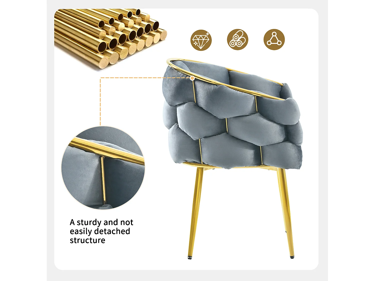 Gondelstoel Vrijetijdsstoel in fluweelstof - gouden metalen poten - Grijs