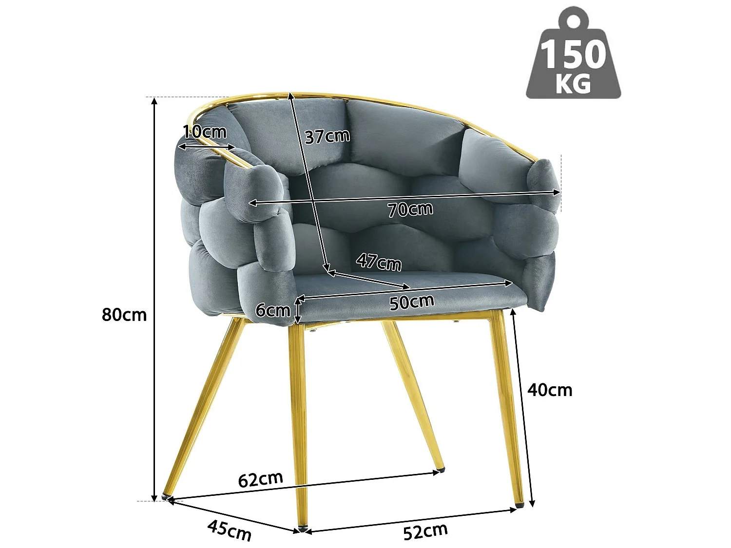 Chaise gondole Chaise de loisirs en tissu velours - pieds en métal doré - Gris