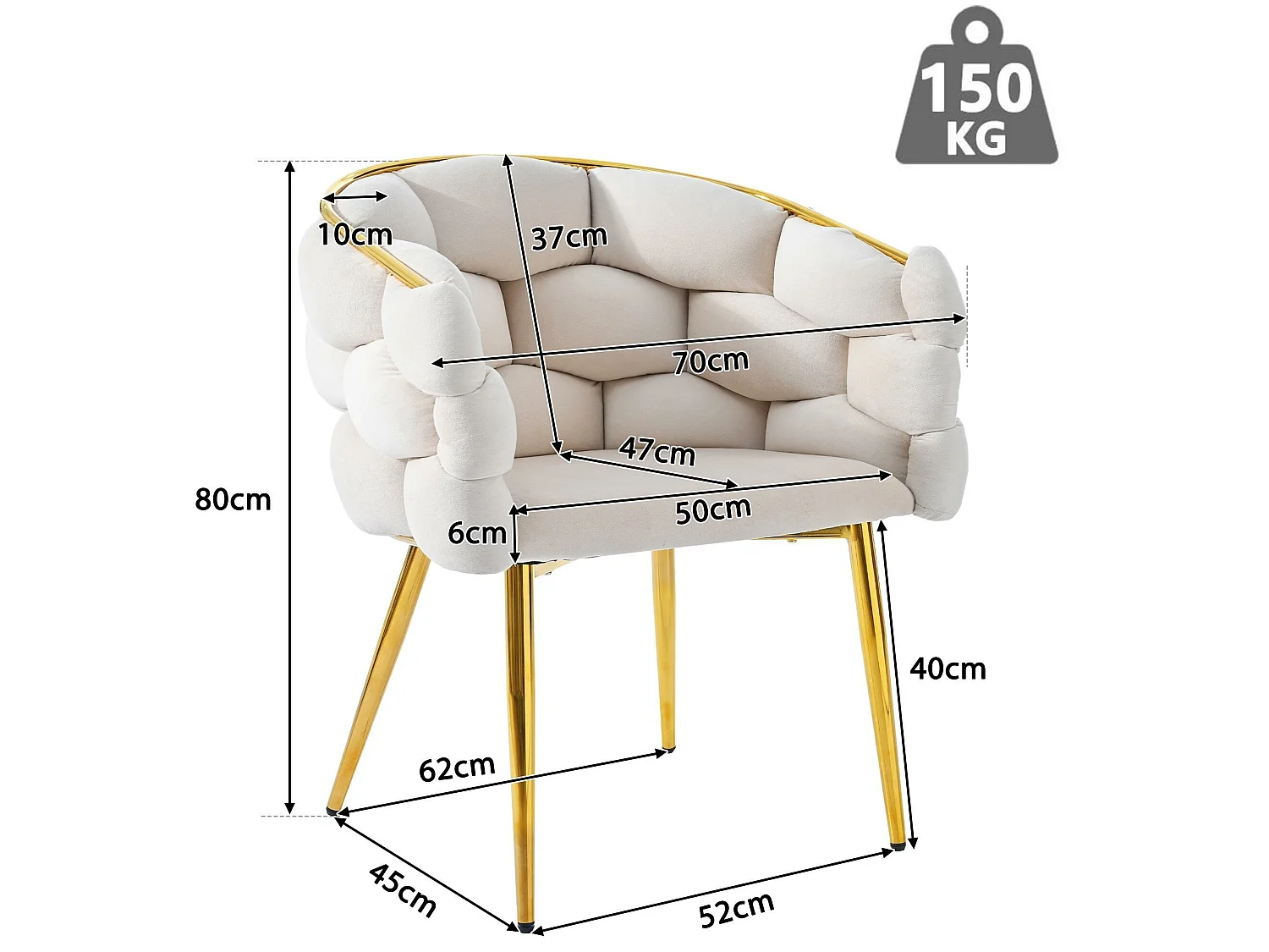 Chaise gondole Chaise de loisirs en tissu velours - pieds en métal doré - Beige