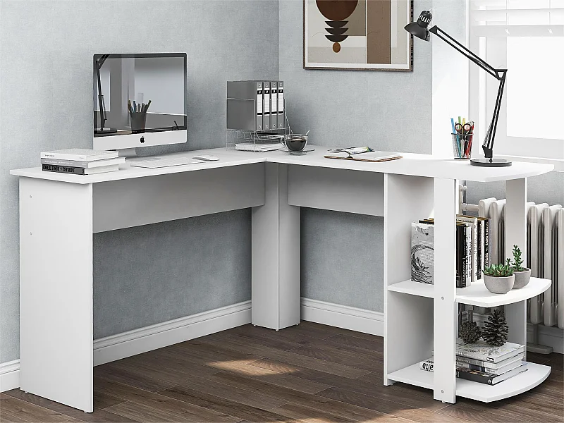 Bureau d'angle 140cm en forme de L avec 2 étagères - Blanc