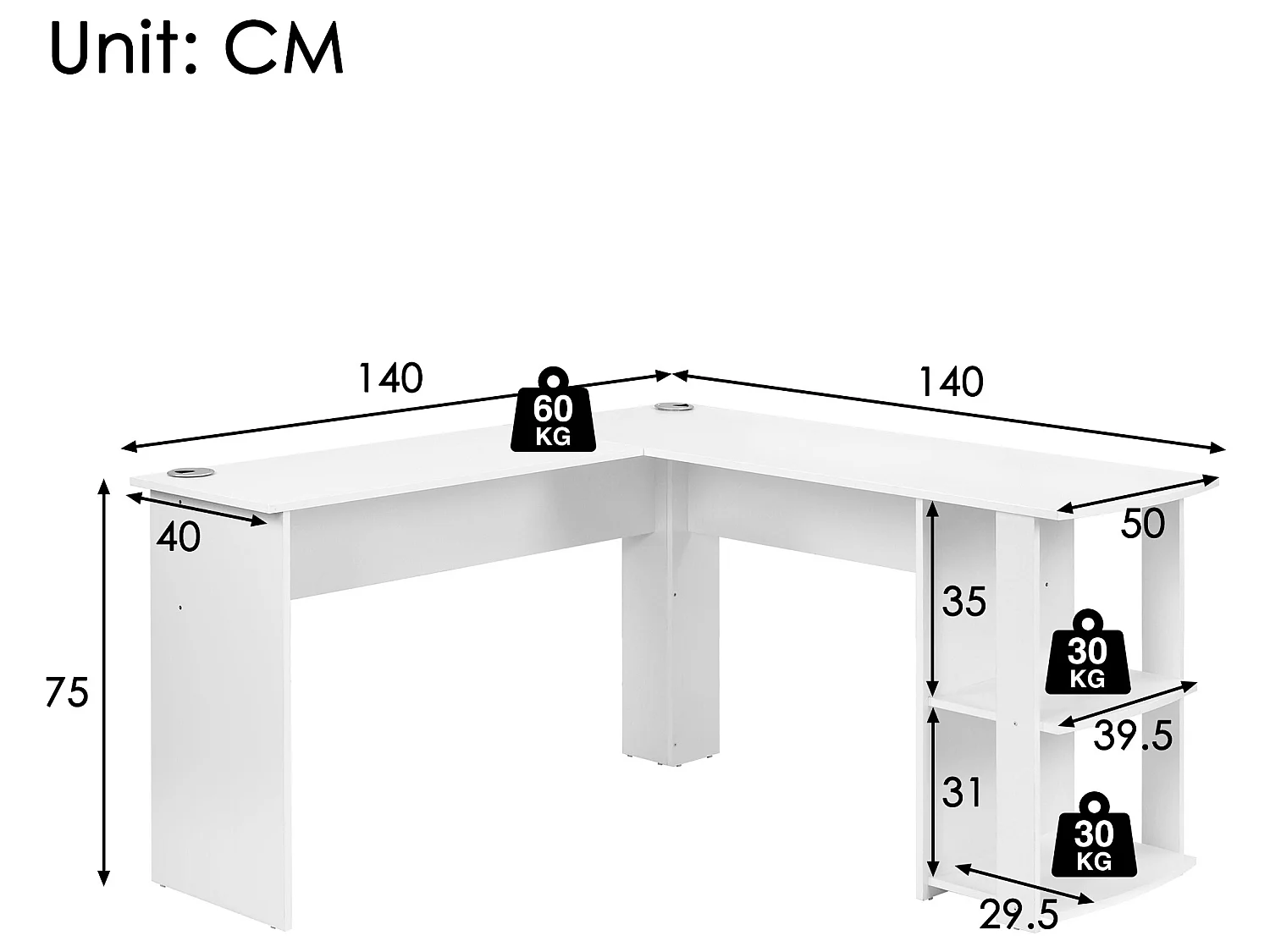 L-vormig hoekbureau van 140 cm met 2 planken - Wit