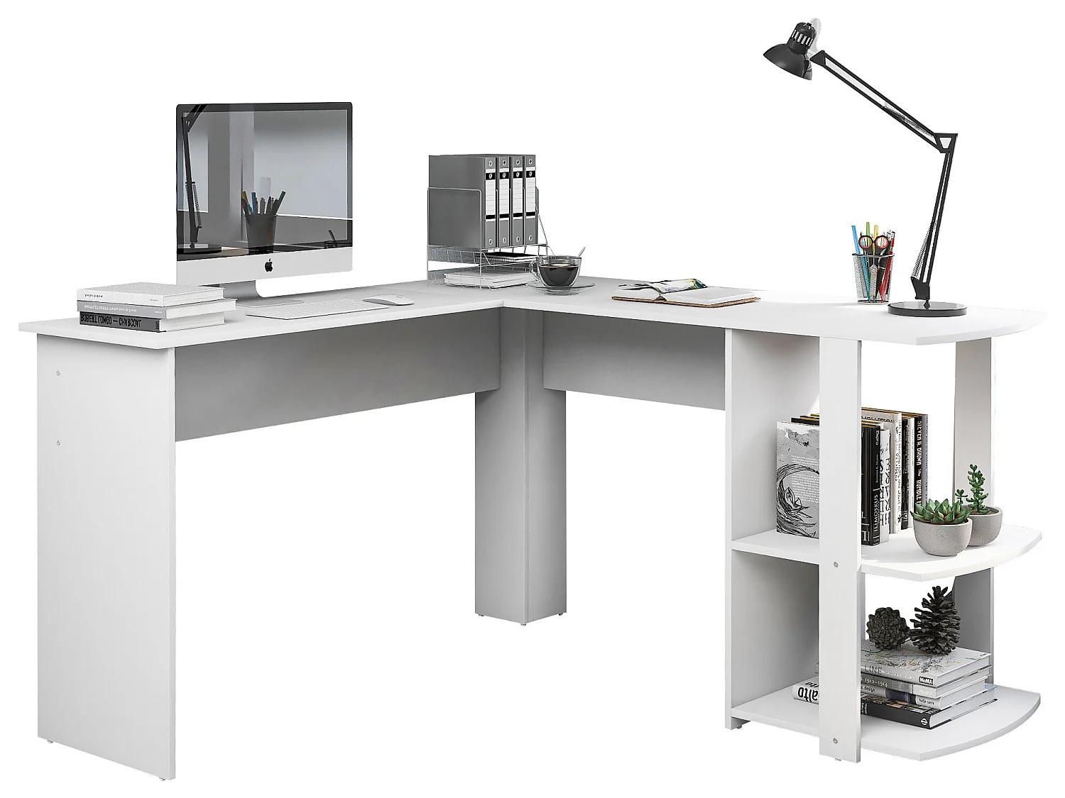 L-vormig hoekbureau van 140 cm met 2 planken - Wit