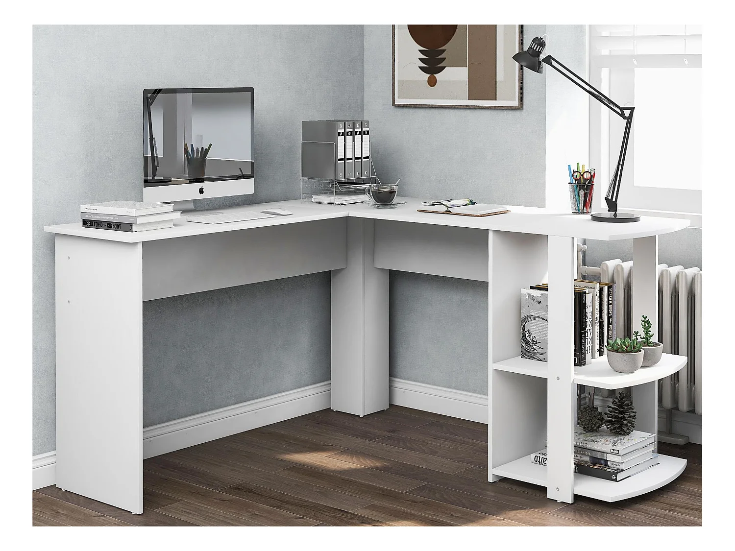 Bureau d'angle 140cm en forme de L avec 2 étagères - Blanc