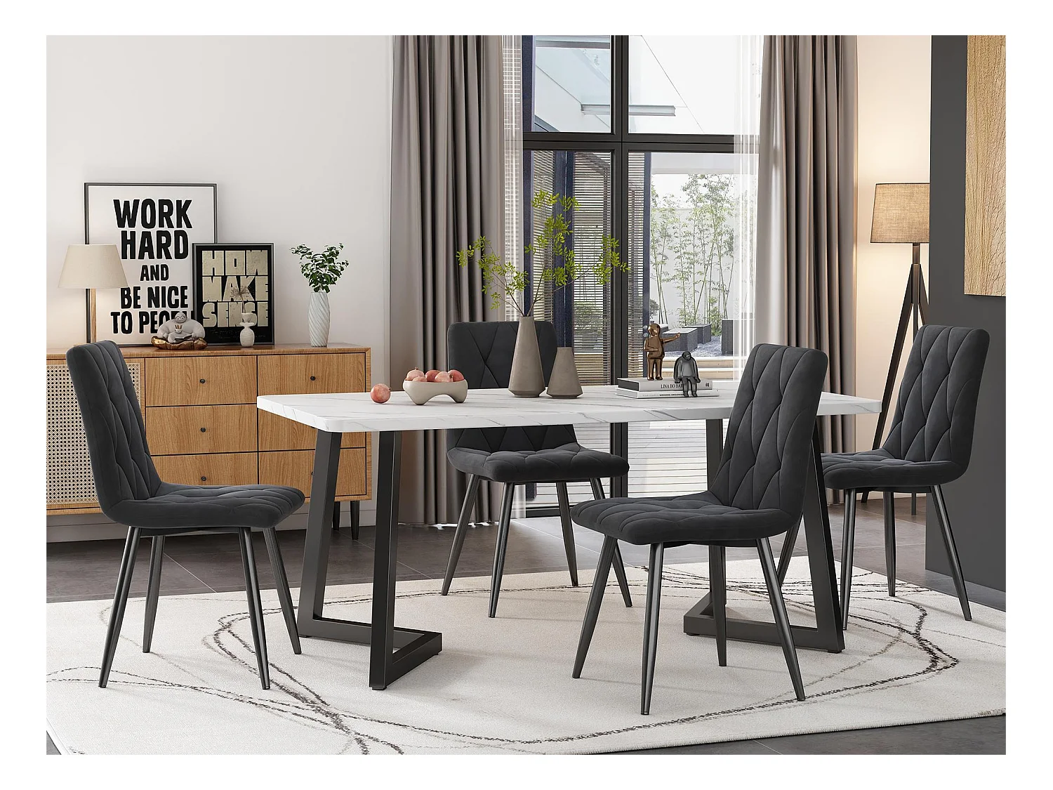 Lot de 4 chaises de salle à manger - chaises de salon avec dossier - assise en velours et pièds en métal - gris
