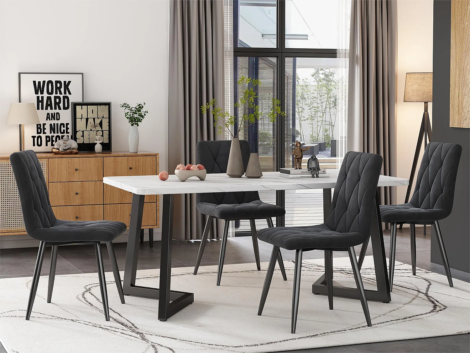 Set van 4 eetkamerstoelen - woonkamerstoelen met rugleuning - fluwelen zitting en metalen poten - grijs