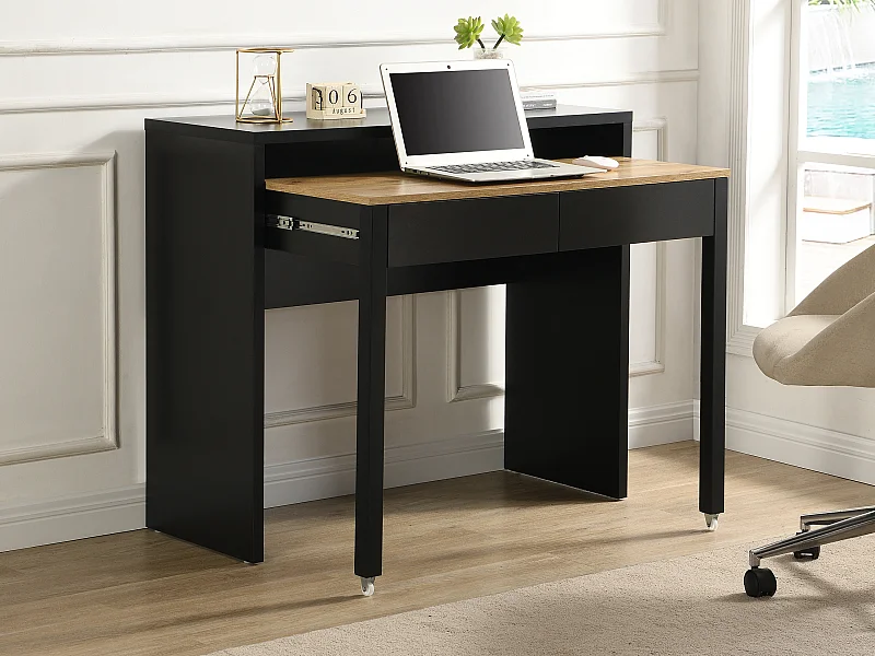Bureau console extensible avec 2 tiroirs - Noir et naturel - LOAVIA
