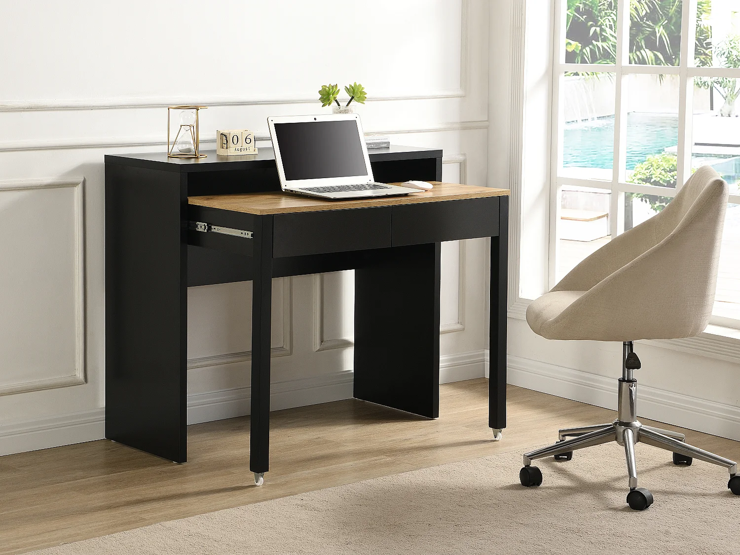 Bureau console extensible avec 2 tiroirs - Noir et naturel - LOAVIA