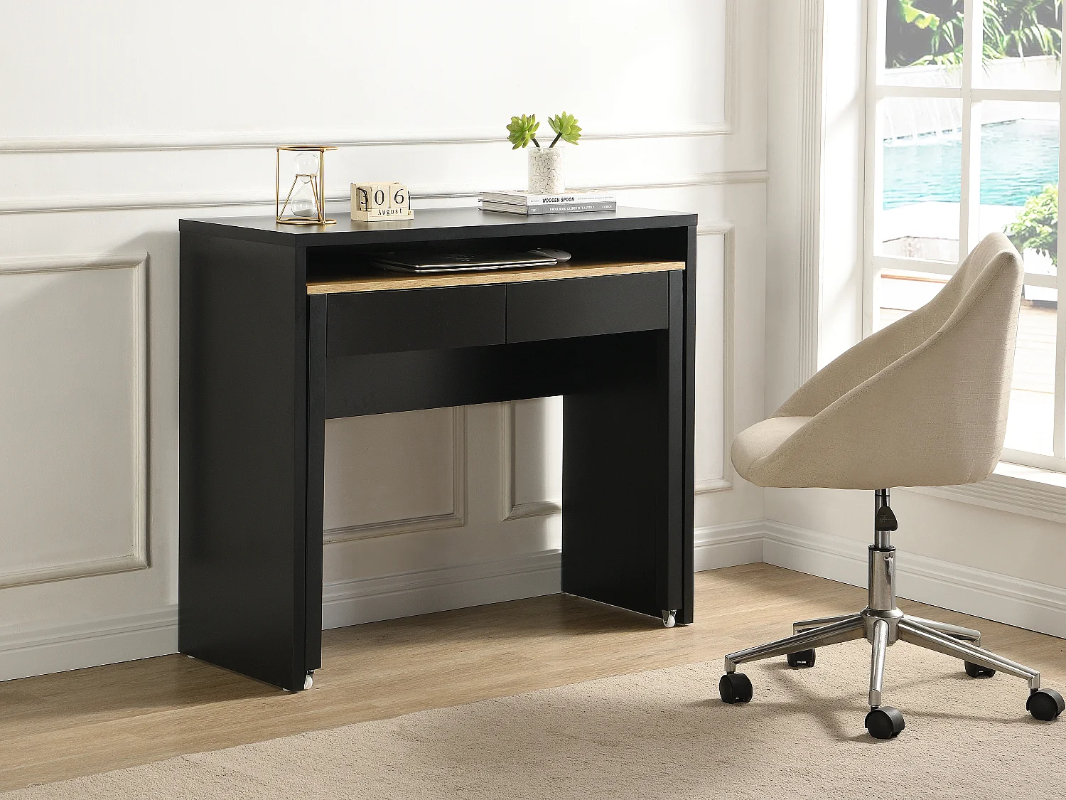 Escritorio consola extensible con 2 cajones - Negro y natural - LOAVIA