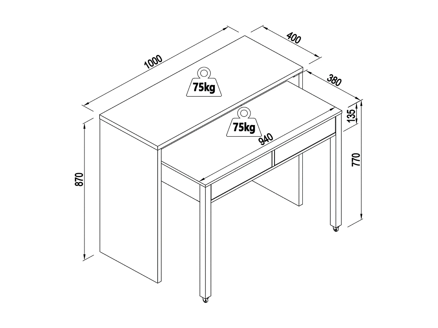 Uitschuifbaar console-bureau met 2 lades - Zwart en naturel - LOAVIA