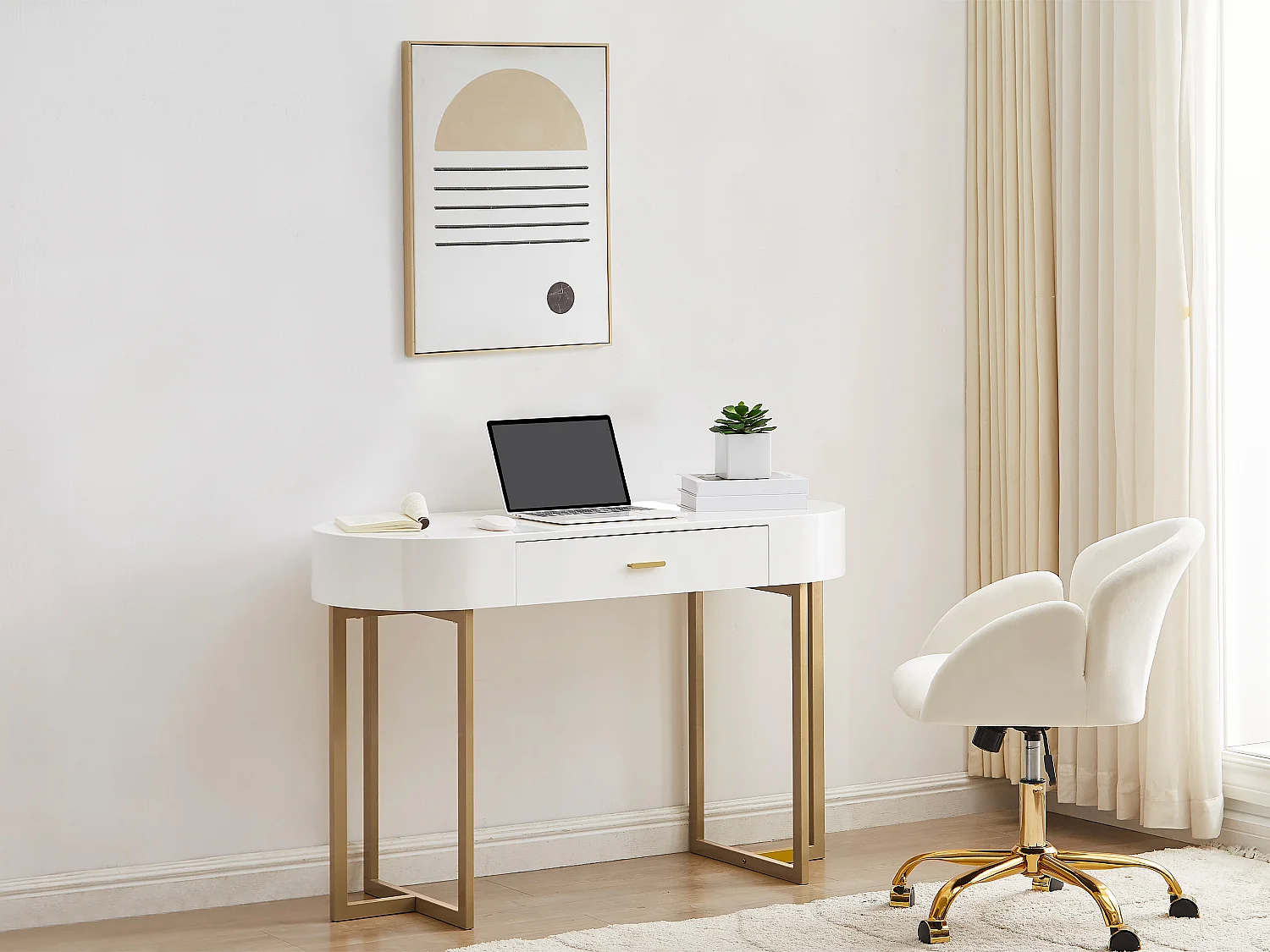 Bureau console avec 1 tiroir - MDF laqué et métal - Blanc et doré - TORELI II de Pascal Morabito