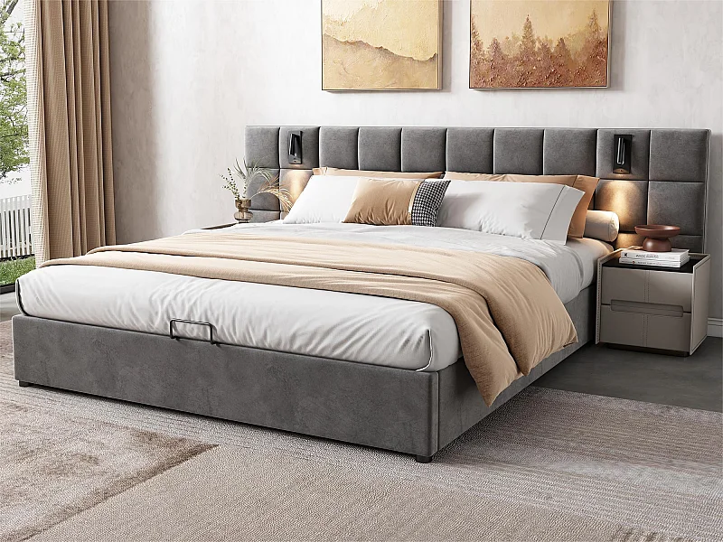 Letto contenitore in velluto - 160x200 cm - con LED e porta di ricarica - Grigio (comodino non incluso)