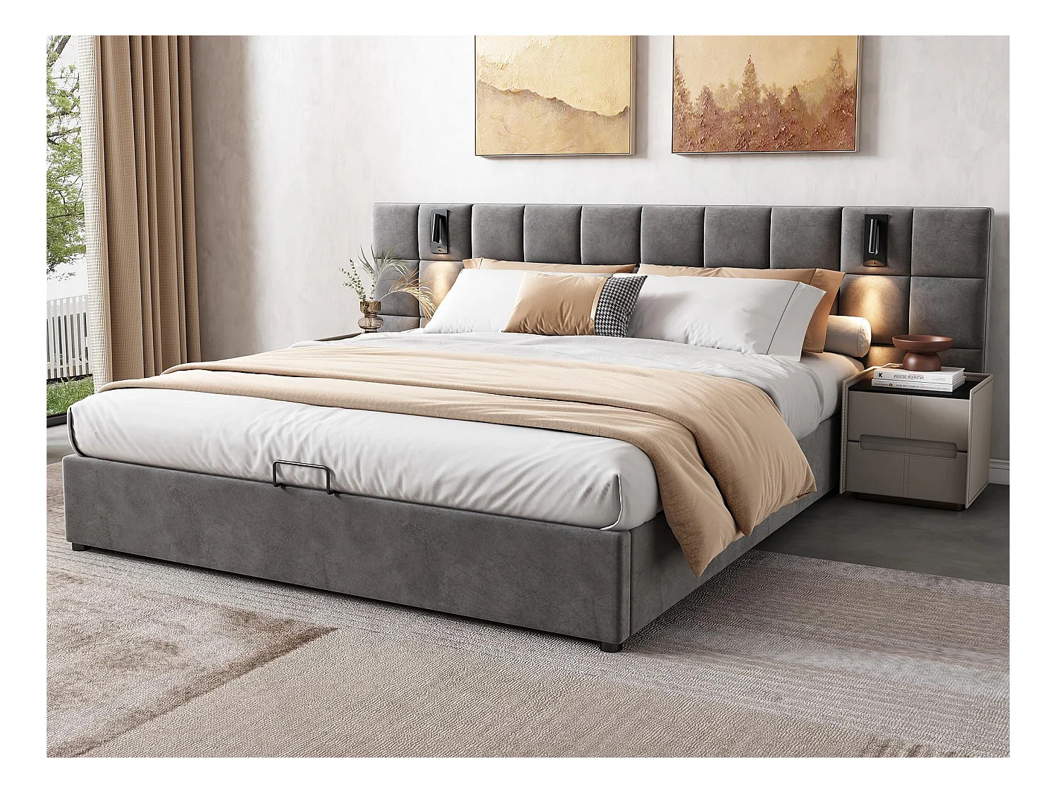 Samtbett mit Stauraum – 160 x 200 cm – mit LED und Ladeanschluss – Grau (Nachttisch nicht im Lieferumfang enthalten)