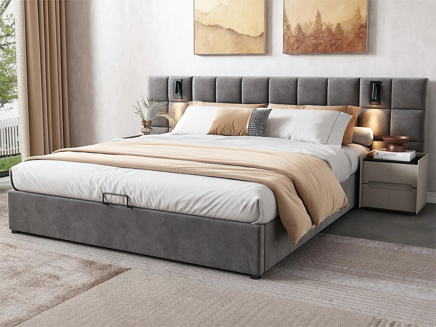 Lit coffre en velours - 160x200cm - avec LED et port de recharge - Gris(table de chevet non compris)