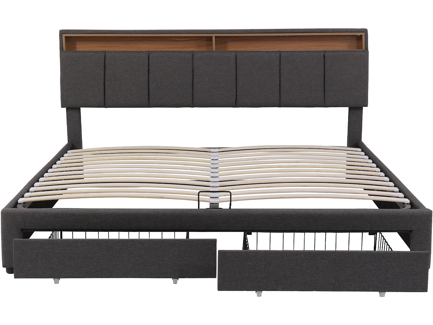 Lit coffre rembourré 160x200cm en lin avec tiroir et LED - tête de rangement - sommier à lattes - Gris