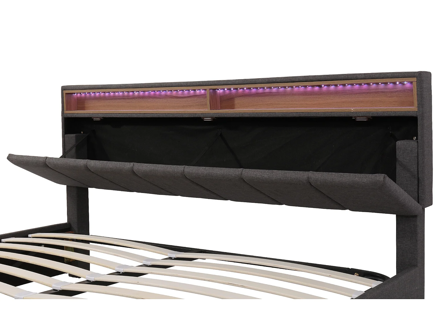 Lit coffre rembourré 160x200cm en lin avec tiroir et LED - tête de rangement - sommier à lattes - Gris